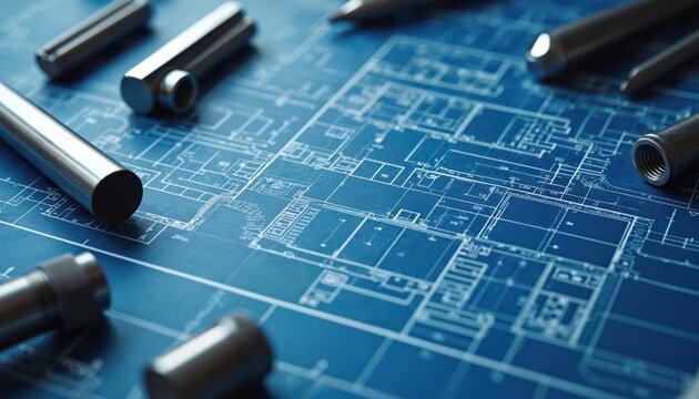 Engineering industry blueprint with construction plans. Metal components rest on detailed architectural drawings. Focus on technical design, planning, and building projects.