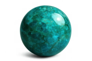 Polished chrysocolla sphere casting shadow on a transparent background, perfect for digital compositions or design projects
