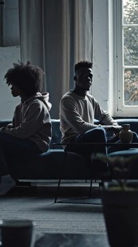 young african american   man and woman sitting on sofa offended quarrel in modern living room