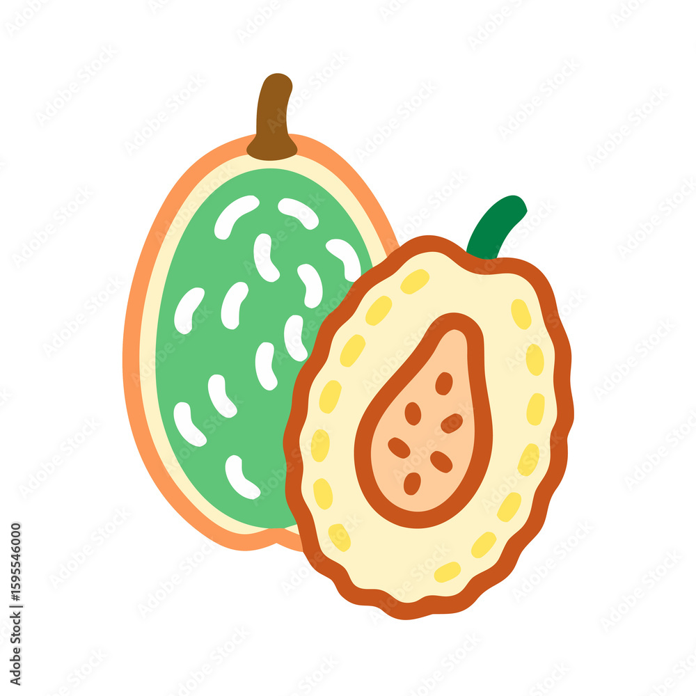 Poster artistic rendition of a longan fruit, displaying both whole and cross-section views with unique text