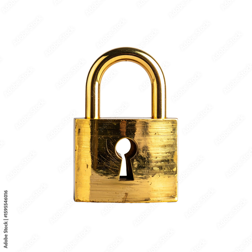 Poster golden metallic padlock with visible scratches and keyhole detail on transparent background