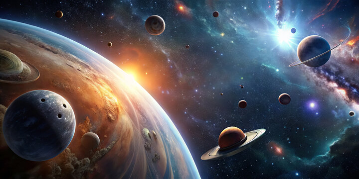 A vast expanse of space features multiple planets and swirling galaxies. Bright stars illuminate the scene as nebulae create stunning colors against the dark backdrop of the universe