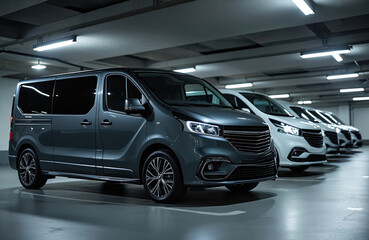 Modern dark grey luxury van parked in underground garage. White van follows. Stylish automotive design, advanced tech, perfect for passenger transport, business travel, and commercial fleets.