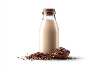 Realistic flaxseed milk bottle with flax seeds on a clean white background showcasing a nutritious dairy alternative for health enthusiasts