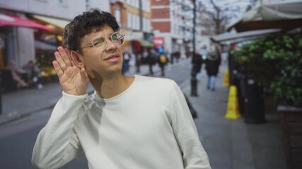 Young hispanic man wearing glasses and white sweater cupping hand to ear listening gesture on urban street with blurred cafes; curiosity exploration attentiveness interest.