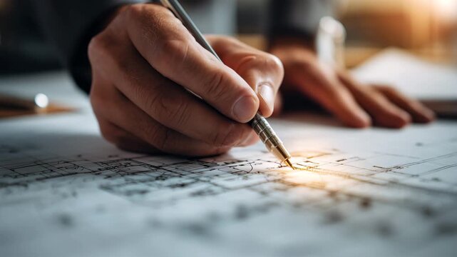 設計図を前に鉛筆で指し示すプロの手元