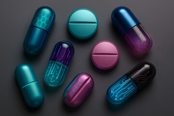 red and green pills, Colorful Digital Capsules &ndash; Concept of Technology and Innovation, futuristic medicine 