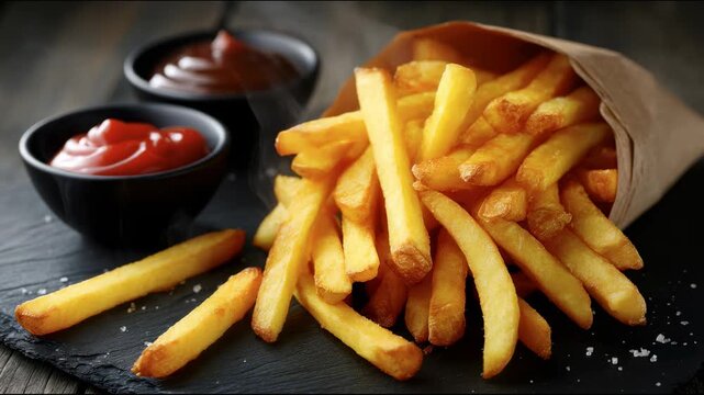 A serving of fresh hot French fries served in a paper bag on a black stone board, with two cups of ketchup on the side and a light sprinkle of salt