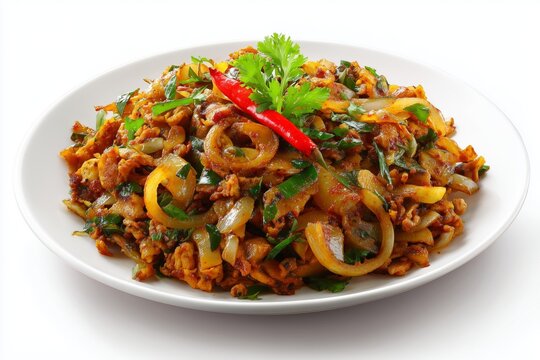 Delicious stir-fried kottu roti made with fresh ingredients on a bright white background showcasing vibrant colors and textures