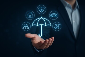 Insurance protection concept with hologram umbrella and icons representing life coverage options