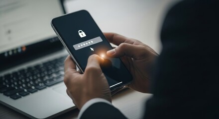 Businessman using smartphone to access secure digital account with password protection