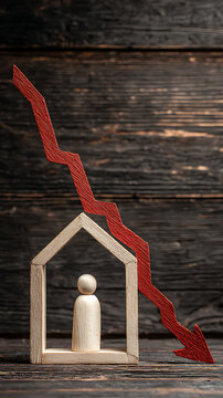 Economic recession impact on real estate depicted with wooden house and falling arrow