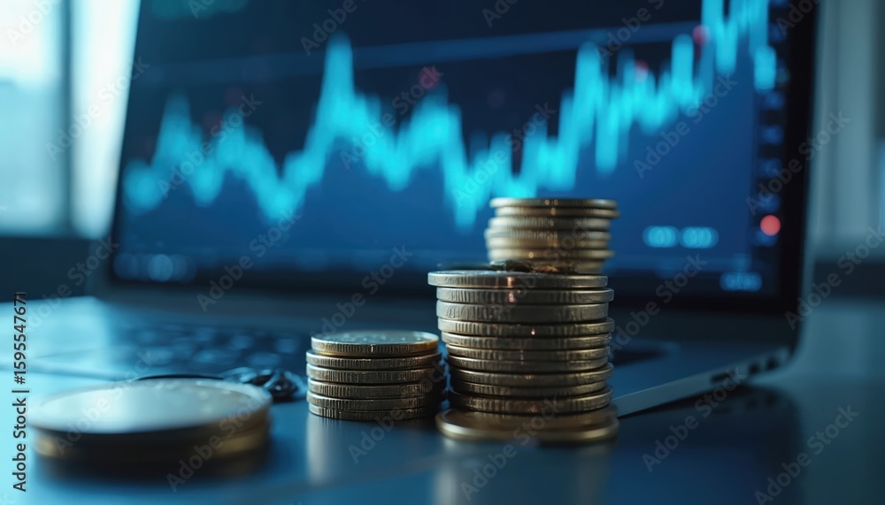 Aufkleber stacks of coins on a laptop keyboard with a digital screen displaying financial data visualization. 