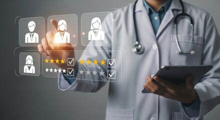 Doctor using holographic display to review patient ratings and digital healthcare feedback
