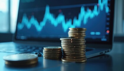 Stacks of coins on a laptop keyboard with a digital screen displaying financial data visualization. The blue graph shows economic trends, investment growth, and stock market performance.