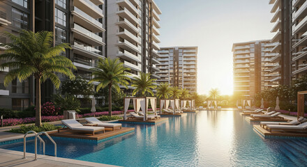 Fototapeta premium A modern resort pool area with high-rise buildings in the background under a clear blue sky.