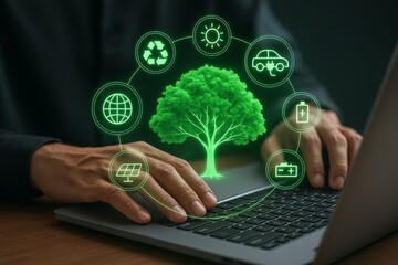 Modern digital workspace showing eco technology symbols and energy efficiency via hologram interface