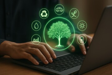 Modern digital workspace showing eco technology symbols and energy efficiency via hologram interface