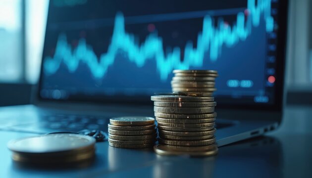 Stacks of coins on a laptop keyboard with a digital screen displaying financial data visualization. The blue graph shows economic trends, investment growth, and stock market performance.