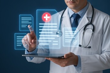 Doctor managing digital medical records using holographic interface and tablet device