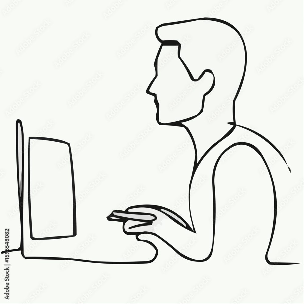 Poster person using computer while holding a phone in minimalistic style