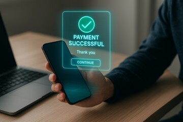 Digital payment success screen with thank you message and continue button in holographic interface