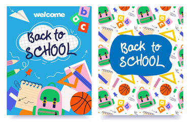 back to school template set of posters, seamless pattern, vertical creative vector illustration
