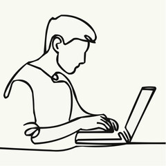 Young man working on laptop in minimalist line art style  