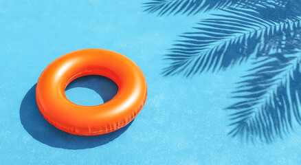 Bright orange pool float ring in a clear blue swimming pool with palm shadows.