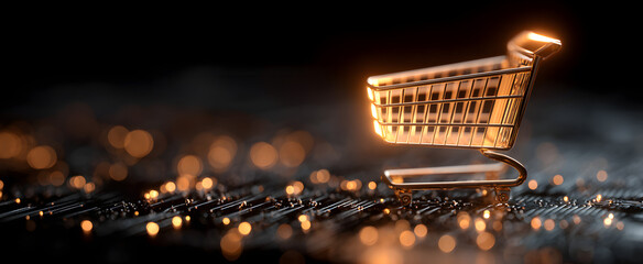The glowing shopping cart symbol on a digital technology background.