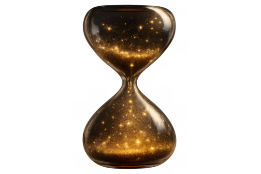 Cosmic hourglass swirling with starry nebula, flowing celestial essence against transparent backdrop, merging time and universal energy - Powered by Adobe