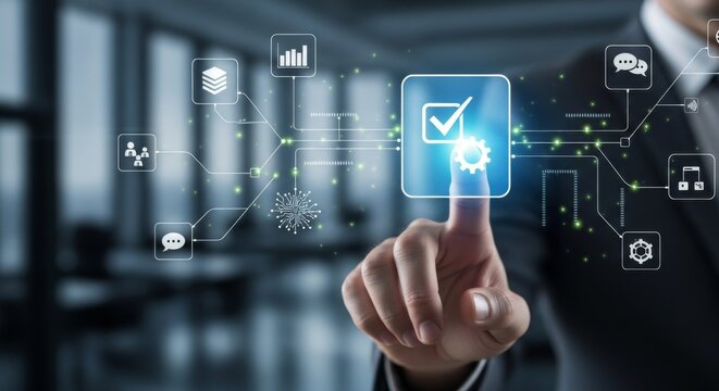 Technology and connectivity concept with touchscreen digital interface and interconnected icons - Powered by Adobe