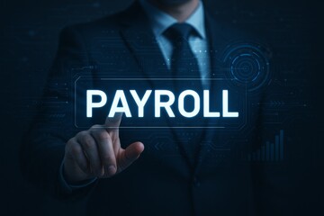 Business professional using holographic interface to manage digital payroll system