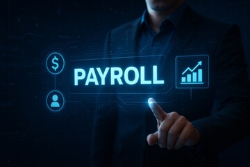 Business professional using holographic interface to manage digital payroll system