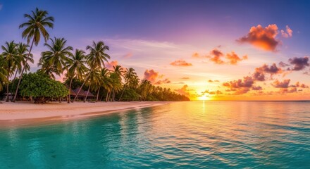 Tropical beach scene at sunset with palm trees lining the shore and vibrant colors reflecting in the turquoise water.