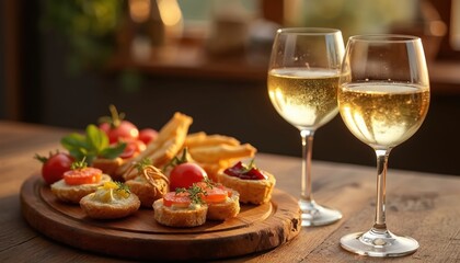 Two glasses of chilled white wine sit beside wooden platter of delicious cicchetti snacks. Fresh cherry tomatoes, herbs, savory toppings adorn crispy crostini. Perfect for parties, events, elegant