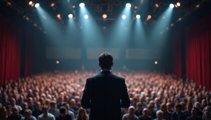 Man in suit speaks on stage under bright spotlights to large audience in packed auditorium. Communication, business, leadership, motivation, event, conference, seminar themes.