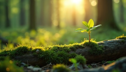 Tiny green sprout germinating from mossy log in forest. Sunlight filters through trees illuminating new life and growth. Macro detail on tranquil forest floor texture.