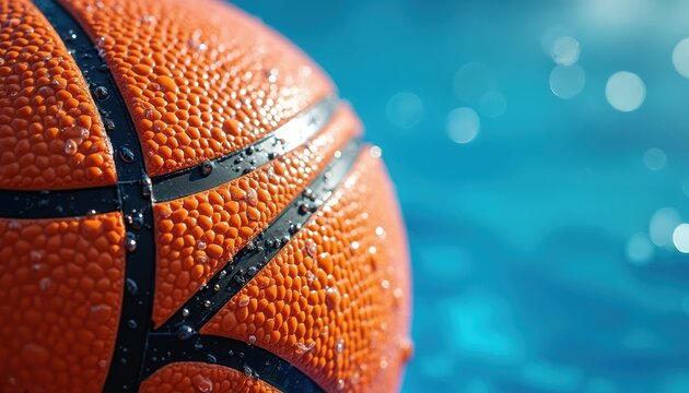 Close-up wet basketball covered in water droplets against bright blue background. Dynamic sports image shows ball texture, refreshing motion, vibrant summer feel. Perfect for sports marketing health - Powered by Adobe