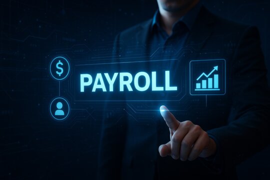 Business professional using holographic interface to manage digital payroll system