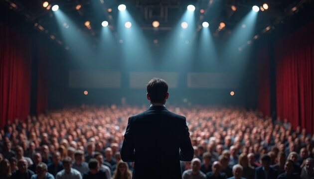 Man in suit speaks on stage under bright spotlights to large audience in packed auditorium. Communication, business, leadership, motivation, event, conference, seminar themes.