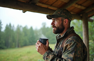 Man in camouflage attire enjoys hot morning coffee in forest clearing. Hunter holds cup observing wildlife. Outdoor activity, adventure, leisure lifestyle. Rustic shelter backdrop enhances natural