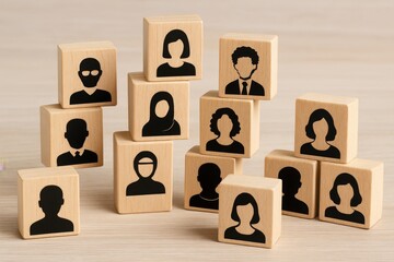 Scattered wooden cubes representing diversity, collaboration, and modern workforce