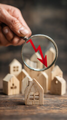 Housing market downturn concept wooden houses and a red downward arrow viewed through a magnifying glass on a wooden background
