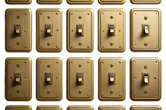 Golden switches isolated on white background for luxury electrical and modern decor design
