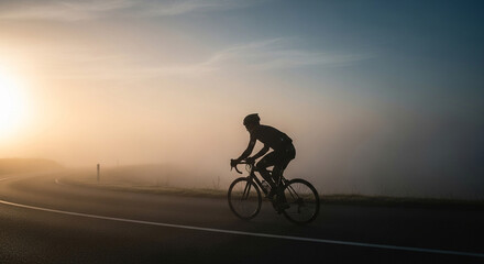 Obraz premium Silhouette cyclist riding bike on road at sunrise for fitness and cardio workout