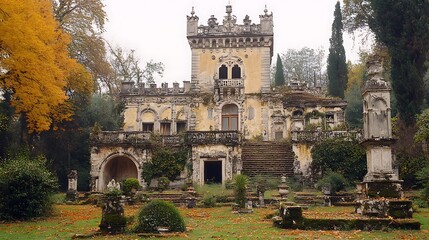 Obraz premium Picturesque, decaying mansion with autumnal gardens.