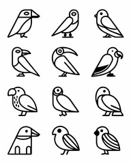 Obraz premium A simple black and white drawing of stylized birds, each with unique characteristics. 