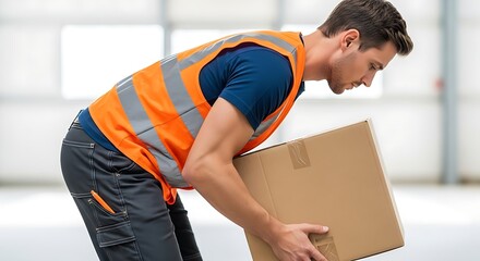 Worker Bending to Pick Up Heavy Box with Proper Technique, Back Straight, Safety Vest On