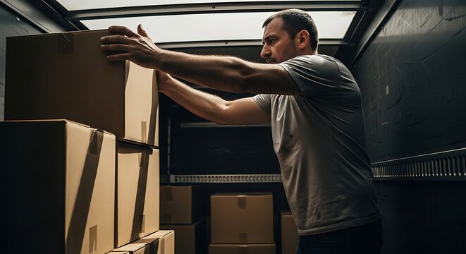 Laborer Organizing Heavy Boxes in Delivery Truck, Arms Extended, Tight Space